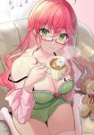  1girl 35p_(sakura_miko) ahoge alternate_costume bespectacled black-framed_eyewear blush breasts camisole cleavage closed_mouth commentary couch cup curtains day drink eyebrows_visible_through_hair full_body glasses green_camisole green_eyes hair_between_eyes highres holding holding_cup holding_drink hololive hua_shu_tenma indoors lens_flare long_hair looking_at_viewer looking_over_eyewear medium_breasts pink_hair sakura_miko semi-rimless_eyewear sitting smile solo steam strap_slip stuffed_animal stuffed_toy sunlight teddy_bear thighhighs thighs twitter_username virtual_youtuber wariza white_legwear 