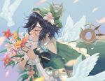  1boy bangs bard beret bird black_hair blue_hair bouquet braid cape closed_eyes collared_cape commentary dove english_commentary feathered_wings flower frilled_sleeves frills genshin_impact green_cape green_headwear hat hat_flower highres male_focus shirt short_hair_with_long_locks solo twin_braids venti_(genshin_impact) white_flower white_shirt white_wings wings xiownzhou_(congee) 