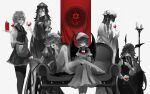  6+girls ambiguous_red_liquid bat_wings beret braid closed_mouth couch cup drinking_glass embodiment_of_scarlet_devil english_commentary flandre_scarlet hat hat_ornament head_wings highres holding holding_cup hong_meiling izayoi_sakuya koakuma limited_palette looking_at_viewer mob_cap multiple_girls multiple_wings naufaldreamer patchouli_knowledge red_eyes red_wings remilia_scarlet short_hair simple_background sitting smile spot_color standing star_(symbol) star_hat_ornament touhou twin_braids white_background wine_glass wings 