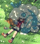  1girl altaria arm_pillow arms_behind_head bike_shorts_under_skirt black_legwear brown_hair closed_eyes commentary dandelion dappled_sunlight day flower grass lying may_(pokemon) medium_hair mutou610 on_back open_mouth outdoors poke_ball pokeblock pokeblock_case pokemon pokemon_(creature) pokemon_(game) pokemon_rse red_footwear shoes skirt sleeping sneakers sunlight swablu torchic white_skirt 