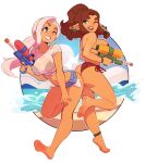  2girls ;d ass ass-to-ass barefoot bikini blue_eyes breasts brown_hair commentary cutoffs earrings english_commentary feet full_body green_eyes grin hand_on_own_knee jewelry june_(squeezable) large_breasts latte_(klimspree) long_hair micro_shorts mole mole_under_eye multiple_girls one_eye_closed open_mouth original pointy_ears ponytail red_bikini shirt short_sleeves shorts side-tie_bikini simple_background smile soles squeezable_(artist) swimsuit toes water_gun white_background white_hair white_shirt 