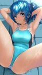  1girl aigami_kaon armpits arms_up bangs blue_eyes blue_hair blue_swimsuit blush breasts collarbone commentary_request competition_swimsuit eyebrows_visible_through_hair garter-velvet highres looking_at_viewer medium_breasts medium_hair one-piece_swimsuit original smile spread_legs swimsuit tan tanlines thighs tile_floor tiles twitter_username 