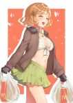  1girl ^_^ ^o^ america_(hetalia) axis_powers_hetalia blonde_hair bomber_jacket breasts brown_jacket carrying_bag cleavage closed_eyes fur_trim genderswap genderswap_(mtf) green_skirt hair_ornament happy hatake_hukuro highres jacket jewelry mcdonald&#039;s medium_breasts navel necklace orange_background shirt short_hair simple_background skirt smile solo star_(symbol) star_hair_ornament tied_shirt 