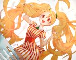  1girl :d ahira_yuzu arm_up bangs belt blonde_hair blush collared_dress dress floating_hair food fork hair_ornament highres holding holding_hair long_hair looking_at_viewer minigirl neck_ribbon open_mouth original pasta personification red_eyes ribbon short_dress short_sleeves signature sleeve_cuffs smile solo striped striped_dress twintails very_long_hair 