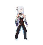  1girl bow closed_mouth genshin_impact hair_bow hair_ornament leggings long_hair looking_at_viewer nail_polish non-web_source pink_eyes pixel_art pokefankris red_rope rope shenhe_(genshin_impact) solo solo_focus sprite standing white_hair 