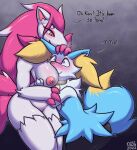  007delta 2022 anthro black_body black_fur blue_body blue_fur blush braixen breasts collar dialogue digital_media_(artwork) dipstick_tail duo english_text female feral flustered fur hair head_between_breasts hi_res inner_ear_fluff koru_(braixenchu) male markings multicolored_body multicolored_fur nintendo nipples pink_body pink_fur pink_hair pink_nipples pok&eacute;mon pok&eacute;mon_(species) red_eyes simple_background smile tail_markings text tuft two_tone_body two_tone_fur video_games white_body white_fur yellow_body yellow_fur zoroark 