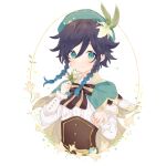  1boy bangs beret black_hair blue_hair blush bow cape closed_mouth commentary_request flower genshin_impact gradient_hair green_eyes green_headwear hat hat_flower highres holding holding_flower long_sleeves looking_at_viewer male_focus multicolored_hair otoko_no_ko simple_background solo star_(symbol) tamam_gnsn venti_(genshin_impact) vision_(genshin_impact) white_flower 