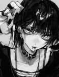  1girl black_hair black_nails black_shirt chain chain_necklace cigarette collar ear_piercing greyscale hand_up jewelry looking_at_viewer monochrome original parted_lips piercing ring shirt smoke smoke_trail solo strap striped striped_shirt zpicy_owl 