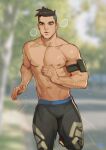  1boy abs absurdres alejandro_tio bara black_hair black_pants blurry blurry_background craig_cahn day dream_daddy:_a_dad_dating_simulator exercise highres large_pectorals male_focus muscular muscular_male navel nipples outdoors pants parted_lips pectorals running short_hair solo sweat sweatdrop topless_male undercut 