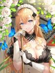  1girl bangs bare_shoulders black_collar black_ribbon blonde_hair blue_butterfly blue_eyes blush breasts bug butterfly cleavage collar crossed_bangs detached_collar elbow_gloves eyebrows_visible_through_hair flower frilled_sleeves frills gloves grin hair_ribbon highres holding lace_trim large_breasts leaf looking_at_viewer maid_headdress off-shoulder_shirt off_shoulder okuma_mai original parted_lips puffy_sleeves ribbon rose shirt short_sleeves sidelocks smile solo stairs teeth upper_body white_flower white_gloves white_rose 