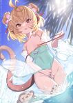  &gt;_&lt; 1girl :3 :p ahoge andira_(granblue_fantasy) animal animal_ears aqua_innertube aqua_swimsuit ass_visible_through_thighs bangs bare_shoulders blonde_hair blue_sky blush breasts breasts_out brown_ribbon closed_eyes clothes_pull clothing_aside cloud cloudy_sky collarbone covered_navel cowboy_shot day double_bun erune eyebrows_visible_through_hair fanbox_username flat_chest flower granblue_fantasy groin hair_bun hair_flower hair_ornament hair_strand hand_up highleg highleg_swimsuit highres innertube light_censor looking_at_viewer monkey monkey_ears monkey_girl monkey_tail nipples one-piece_swimsuit open_mouth orange_eyes outdoors palm_tree pulled_by_self pussy ribbon see-through short_hair sky smile solo splashing standing strap_slip swimsuit swimsuit_aside swimsuit_pull tail teeth thigh_gap thigh_strap thighs tongue tongue_out tree twitter_username wading water water_drop web_address wet yellowpaint. 