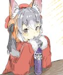  1girl animal_ears beret bow brown_eyes eyebrows_visible_through_hair fox_ears fox_girl fur_trim gloves grey_gloves grey_hair hair_bow hat highres island_fox_(kemono_friends) jacket kemono_friends long_sleeves looking_at_viewer multicolored_hair orange_hair orange_headwear orange_jacket sidelocks solo sugap123neo twintails two-tone_hair white_fur 