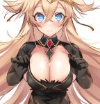  1girl bangs black_dress blonde_hair blue_eyes blush breasts character_request cleavage closed_mouth copyright_request crossed_bangs dress framed_breasts hair_between_eyes highres large_breasts long_hair looking_at_viewer simple_background solo split_mouth strap_pull two_side_up upper_body white_background yamaguchi_(shinigami-no-barad) 