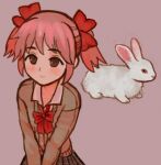  1girl animal blush closed_mouth eyebrows_visible_through_hair io_(onisarashi) kaname_madoka mahou_shoujo_madoka_magica mitakihara_school_uniform pink_eyes pink_hair pink_theme rabbit school_uniform short_hair short_twintails smile twintails white_fur 