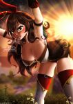 absurdres amber_(genshin_impact) bangs bluewolfartista breasts brown_gloves brown_hair brown_shorts crossed_bangs exercise genshin_impact gloves highres large_breasts ribbon shorts sweat thick_thighs thighs yellow_eyes 