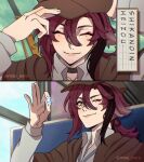  1boy adjusting_clothes adjusting_headwear black_choker brown_hair brown_headwear bungou_stray_dogs cabbie_hat choker cosplay detective edogawa_ranpo_(bungou_stray_dogs) edogawa_ranpo_(bungou_stray_dogs)_(cosplay) genshin_impact green_eyes hat highres long_hair long_sleeves looking_at_viewer low_ponytail male_focus max_eera mole mole_under_eye multicolored_hair red_eyeliner red_hair shikanoin_heizou smile streaked_hair 