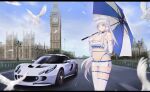  1girl absurdres alternate_costume azur_lane bikini bikini_under_clothes bird breasts car choker copyright_name cowboy_shot day dove elbow_gloves elizabeth_tower gloves ground_vehicle highres illustrious_(azur_lane) kcar66t large_breasts london lotus_(brand) lotus_exige miniskirt motor_vehicle partially_fingerless_gloves product_placement race_queen real_world_location road royal_navy_(emblem) skirt sky swimsuit thighhighs umbrella visor_cap westminster_bridge westminster_palace white_hair 