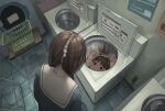  1girl brown_hair dai3syougen disembodied_head facing_away laundry_basket looking_inside md5_mismatch original outlet plug reflection school_uniform smile table washing_machine zipper 