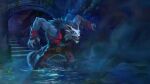  2021 angry anthro canid canine glowing glowing_eyes hi_res male mammal muscular muscular_male night official_art outside ruins runescape running solo unknown_artist water were werecanid werecanine werewolf 