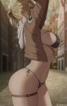  1girl absurdres annie_leonhardt arms_up artist_name bangs belt black_bra black_panties blonde_hair blue_eyes blurry blurry_background bra breasts building from_side hair_bun highres hood hoodie hoodie_lift large_breasts looking_at_viewer military_police_brigade_(emblem) oroborus panties paradis_military_uniform shingeki_no_kyojin side-tie_panties single_hair_bun solo thigh_belt thigh_strap town underwear white_hoodie 