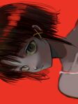  1girl asymmetrical_hair bare_shoulders empty_eyes expressionless eye_reflection face grey_eyes hair_ornament highres iniooooo iwakura_lain looking_at_viewer parted_lips profile red_background reflection serial_experiments_lain short_hair sidelocks single_sidelock solo spaghetti_strap strap x_hair_ornament 