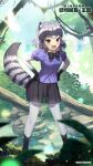  1girl animal_ears bangs black_hair black_skirt blurry blurry_foreground bodystocking bow bowtie breast_pocket brown_eyes common_raccoon_(kemono_friends) copyright copyright_name day fang full_body fur_collar gradient gradient_clothes grey_hair hands_on_hips highres kemono_friends kemono_friends_kingdom layered_sleeves leaning_forward long_sleeves looking_at_viewer medium_hair miniskirt multicolored_hair official_art open_mouth outdoors plant pleated_skirt pocket purple_shirt raccoon_ears raccoon_girl raccoon_tail river shirt shoes short_over_long_sleeves short_sleeves skirt smile socks solo standing striped_tail tail tree tsurime v-shaped_eyebrows water white_hair 