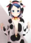  1girl animal_costume animal_hood arrow_(symbol) bangs bell blue_eyes blue_hair blush breasts closed_mouth commentary_request cow_costume cow_hood flat_chest gradient_hair hood hood_up kantai_collection long_hair looking_at_viewer mae_(maesanpicture) multicolored_hair open_clothes samidare_(kancolle) simple_background small_breasts solo sweat twitter_username upper_body very_long_hair 