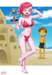  1boy 1girl ;d beach bikini breasts brown_hair cleavage colored_skin contest contest_winner dark-skinned_male dark_skin happy highres humanization medium_breasts my_little_pony navel one_eye_closed pink_eyes pink_skin pose red_bikini red_hair sad sand sand_castle sand_sculpture shell short_hair shorts skinny smile solo_focus string_bikini swimsuit trophy uotapo v windy_(mlp) 