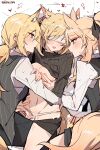  3girls animal_ear_fluff animal_ears arknights arrow_(symbol) aunt_and_niece black_sweater blemishine_(arknights) blindfold blonde_hair commentary cum cum_on_legs cum_string eyebrows_visible_through_hair fff_threesome futa_with_female futanari group_incest group_sex heart highres horse_ears horse_girl horse_tail incest kyou_039 long_hair long_sleeves multiple_girls multiple_penises navel nearl_(arknights) panties penis saliva siblings sisters sweat sweater tail threesome tongue tongue_out twitter_username underwear whislash_(arknights) white_panties 