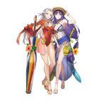  2girls absurdres adjusting_clothes adjusting_headwear altina armpits banana bangs beach_umbrella blue_eyes blue_hair bracelet breasts capelet cleavage clothing_cutout commentary_request covered_navel edelgard_von_hresvelg eyebrows_visible_through_hair fire_emblem fire_emblem:_radiant_dawn fire_emblem:_three_houses fire_emblem_heroes flower food fruit gold_trim hair_flower hair_ornament halterneck hand_up hat hibiscus highleg highleg_swimsuit highres holding jewelry kakage long_hair looking_at_viewer low-tied_long_hair medium_breasts multiple_girls navel navel_cutout necklace off-shoulder_one-piece_swimsuit off_shoulder official_art one-piece_swimsuit parted_bangs parted_lips purple_eyes red_swimsuit sarong see-through sheath sheathed shiny shiny_skin simple_background smile standing swimsuit thighs toes umbrella very_long_hair watermelon white_background white_hair 