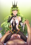  1boy 1girl absurdres asymmetrical_gloves bangs bare_shoulders bed black_dress black_gloves closed_mouth clothed_female_nude_male commission cowgirl_position crown dark-skinned_male dark_skin dress gloves green_background green_eyes green_hair hetero highres holding_hands honkai_(series) honkai_impact_3rd long_hair looking_at_viewer lying mismatched_gloves mobius_(honkai_impact) navel nipples nude on_back penis pussy ryuukuarts sex sleeveless sleeveless_dress smile straddling tongue tongue_out torn_clothes torn_dress wavy_hair 