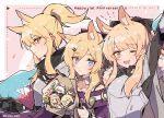  3girls animal_ears anniversary arknights armor aunt_and_niece blemishine_(arknights) blonde_hair blue_eyes blush bouquet cameo character_doll character_name extra_ears eyebrows_visible_through_hair fang flower hand_up highres holding holding_bouquet horse_ears kingdom_of_kazimierz_logo kyou_039 long_hair looking_at_viewer multiple_girls nearl_(arknights) nightingale_(arknights) official_alternate_costume one_eye_closed open_mouth pink_background platinum_(arknights) ponytail shining_(arknights) siblings sidelocks sideways_glance sisters skin_fang thick_eyebrows twitter_username upper_body whislash_(arknights) whislash_(glory_purple)_(arknights) yellow_eyes 
