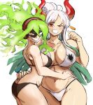  2girls arm_around_shoulders ass bikini black_bikini boku_no_hero_academia breast_press breasts burnin_(boku_no_hero_academia) crossover curvy domino_mask fiery_hair gold_eyes green_hair height_difference highres horns huge_breasts large_breasts long_hair mask multiple_girls one_piece oni_horns rakeemspoon red_eyes simple_background smile swimsuit thick_thighs thighs white_background white_bikini white_hair wide_hips yamato_(one_piece) 