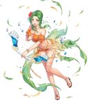  1girl adapted_costume anbe_yoshirou bangs bare_shoulders bikini bow_(weapon) bracelet breasts broken broken_weapon brown_eyes cleavage collarbone elincia_ridell_crimea fire_emblem fire_emblem:_path_of_radiance fire_emblem:_radiant_dawn fire_emblem_heroes flower frills full_body gradient gradient_clothes green_hair hair_bun hair_flower hair_ornament hand_on_own_chest hibiscus highres holding holding_bow_(weapon) holding_weapon jewelry leg_up long_hair looking_away medium_breasts navel necklace non-web_source off-shoulder_bikini off_shoulder official_art open_mouth parted_bangs puffy_short_sleeves puffy_sleeves ribbon sarong see-through shiny shiny_hair shiny_skin short_sleeves solo stomach swimsuit thighs torn_clothes torn_sleeves transparent_background weapon 