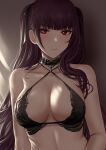  1girl bangs bare_arms bare_shoulders bikini black_bikini black_choker black_ribbon blunt_bangs blush breasts choker closed_mouth collarbone criss-cross_halter eyebrows_visible_through_hair girls&#039;_frontline hair_ribbon halterneck highres large_breasts long_hair looking_at_viewer purple_hair red_eyes ribbon selcky sidelocks solo swimsuit upper_body wa2000_(girls&#039;_frontline) 