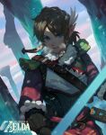  1boy bangs blue_eyes breath brown_hair buckle closed_mouth cold commentary_request copyright_name day diaodiao earrings gloves hair_ornament jewelry link male_focus medium_hair outdoors pointy_ears snowing solo strap the_legend_of_zelda the_legend_of_zelda:_breath_of_the_wild 
