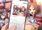  4girls a_passing_phantom air_shakur_(umamusume) animal_ears black_hair bow bowtie brown_eyes brown_hair cellphone chopsticks closed_eyes clover_hair_ornament drooling eating facing_viewer fine_motion_(umamusume) food hair_ornament hair_over_one_eye holding holding_chopsticks holding_phone horse_ears horse_girl horseshoe_ornament kitasan_black_(umamusume) looking_at_viewer multicolored_hair multiple_girls noodles phone puffy_short_sleeves puffy_sleeves purple_bow purple_bowtie purple_shirt ramen sailor_collar sailor_shirt school_uniform screen serafuku shirt short_sleeves sitting smartphone streaked_hair summer_uniform tracen_school_uniform trait_connection twitter umamusume vodka_(umamusume) white_hair yellow_eyes 