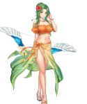  1girl adapted_costume anbe_yoshirou bangs bare_shoulders bikini bow_(weapon) bracelet breasts brown_eyes cleavage closed_mouth crossed_legs elincia_ridell_crimea fire_emblem fire_emblem:_path_of_radiance fire_emblem:_radiant_dawn fire_emblem_heroes flower frills full_body gradient gradient_clothes green_hair hair_bun hair_flower hair_ornament hand_up hibiscus highres holding holding_bow_(weapon) holding_weapon jewelry long_hair looking_at_viewer medium_breasts navel necklace non-web_source off-shoulder_bikini off_shoulder official_art parted_bangs puffy_short_sleeves puffy_sleeves ribbon sarong see-through shiny shiny_hair short_sleeves smile solo standing stomach swimsuit thighs transparent_background watson_cross weapon 