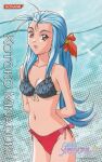  1990s_(style) 1girl arms_behind_back bikini character_name cowboy_shot kokura_masashi konami light_blue_hair logo looking_at_viewer minazuki_kotoko mismatched_bikini navel non-web_source official_art open_mouth ponytail red_eyes retro_artstyle scan solo swimsuit tokimeki_memorial tokimeki_memorial_2 