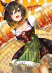 1girl alcohol alternate_costume animal_ears beer blurry blurry_background breasts collarbone dirndl eishin_flash_(umamusume) german_clothes hair_between_eyes hair_ornament highres horse_ears horse_girl horse_tail looking_at_viewer medium_breasts oktoberfest open_mouth otono_(bkt4b) solo tail umamusume 