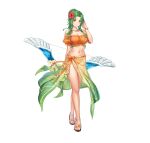  1girl absurdres adapted_costume anbe_yoshirou bangs bare_shoulders bikini bow_(weapon) bracelet breasts brown_eyes cleavage closed_mouth commentary_request elincia_ridell_crimea fire_emblem fire_emblem:_path_of_radiance fire_emblem:_radiant_dawn fire_emblem_heroes flower frills full_body gradient gradient_clothes green_hair hair_bun hair_flower hair_ornament hand_up hibiscus highres holding holding_bow_(weapon) holding_weapon jewelry long_hair looking_at_viewer medium_breasts navel necklace off-shoulder_bikini off_shoulder official_art parted_bangs puffy_short_sleeves puffy_sleeves ribbon sarong see-through shiny shiny_hair short_sleeves simple_background smile solo standing stomach swimsuit thighs weapon white_background 