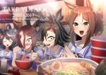  4girls a_passing_phantom air_shakur_(umamusume) animal_ears black_hair bow bowtie brown_eyes brown_hair chopsticks closed_eyes clover_hair_ornament drooling eating facing_viewer fine_motion_(umamusume) food hair_ornament hair_over_one_eye holding holding_chopsticks horse_ears horse_girl horseshoe_ornament kitasan_black_(umamusume) looking_at_viewer multicolored_hair multiple_girls noodles puffy_short_sleeves puffy_sleeves purple_bow purple_bowtie purple_shirt ramen sailor_collar sailor_shirt school_uniform serafuku shirt short_sleeves sitting streaked_hair summer_uniform tracen_school_uniform trait_connection umamusume vodka_(umamusume) white_hair yellow_eyes 