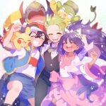  1girl 2boys :d ;d absurdres ash_ketchum bangs black_vest blue_jacket bow bowtie cilan_(pokemon) closed_eyes commentary_request green_bow green_bowtie green_hair grin hat haxorus highres iris_(pokemon) jacket long_hair multiple_boys on_shoulder one_eye_closed open_mouth pansage pants paru_rari pikachu pokemon pokemon_(anime) pokemon_(creature) pokemon_journeys pokemon_on_shoulder purple_hair red_headwear shirt short_hair shorts skirt sleeveless sleeveless_jacket smile star_(symbol) t-shirt teeth tongue upper_teeth vest watermark white_shirt 