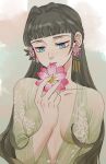  1girl aqua_eyes bangs black_hair blunt_bangs breasts breasts_apart collarbone earrings floral_print flower flower_earrings guagua_sun highres jewelry lanxi_zhen li_qingning_(the_legend_of_luoxiaohei) long_hair medium_breasts mouth_hold no_bra pink_flower print_shirt see-through see-through_shirt shadow shirt solo the_legend_of_luo_xiaohei upper_body 