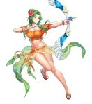  1girl adapted_costume anbe_yoshirou arrow_(projectile) bangs bare_shoulders bikini bow_(weapon) bracelet breasts brown_eyes closed_mouth elincia_ridell_crimea fire_emblem fire_emblem:_path_of_radiance fire_emblem:_radiant_dawn fire_emblem_heroes flower frills full_body gradient gradient_clothes green_hair hair_bun hair_flower hair_ornament hibiscus highres holding holding_bow_(weapon) holding_weapon jewelry leg_up long_hair looking_away medium_breasts navel necklace non-web_source off-shoulder_bikini off_shoulder official_art parted_bangs puffy_short_sleeves puffy_sleeves ribbon sarong see-through shiny shiny_hair shiny_skin short_sleeves smile solo stomach swimsuit thighs transparent_background weapon 