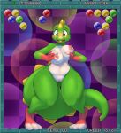  anthro big_breasts blush breast_grab breasts bub_(bubble_bobble) bubble_bobble buckteeth crossgender curvy_figure dragon female game_screen genitals green_body greenscales hand_on_breast hi_res implied_gender_transformation implied_transformation knock-kneed littlenapoleon looking_down mtf_crossgender nude pussy scalie solo spikes standing taito teeth tgwonder thick_tail thick_thighs user_interface video_games voluptuous wide_hips 