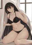  1girl act_(xadachit) bangs bare_shoulders bed_sheet black_bra black_hair black_panties blush bra breasts cleavage closed_mouth collarbone dandelion_(girls&#039;_frontline) girls&#039;_frontline hair_between_eyes highres long_hair looking_at_viewer medium_breasts navel panties sitting smile solo underwear very_long_hair wariza window yellow_eyes 