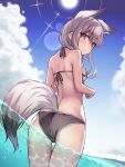  1girl animal_ears ass back bare_shoulders bikini black_bikini breasts closed_mouth day fox_ears fox_girl fox_tail from_behind halterneck highres long_hair looking_at_viewer looking_back original outdoors red_eyes ryuinu small_breasts solo standing string_bikini sunlight swimsuit tail thighs wading white_hair 