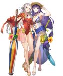  2girls adjusting_clothes adjusting_headwear altina armpits banana bangs beach_umbrella blue_eyes blue_hair bracelet breasts capelet cleavage clothing_cutout coconut covered_navel crossed_legs edelgard_von_hresvelg eyebrows_visible_through_hair fire_emblem fire_emblem:_radiant_dawn fire_emblem:_three_houses fire_emblem_heroes flower food fruit gold_trim hair_flower hair_ornament halterneck hand_up hat hibiscus highleg highleg_swimsuit highres holding inflatable_sword inflatable_toy jewelry kakage long_hair looking_at_viewer low-tied_long_hair medium_breasts multiple_girls navel navel_cutout necklace non-web_source off-shoulder_one-piece_swimsuit off_shoulder official_art one-piece_swimsuit parted_bangs parted_lips purple_eyes red_swimsuit sarong see-through shiny shiny_skin smile standing swimsuit thighs toes transparent_background umbrella very_long_hair watson_cross white_hair 