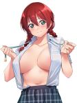  1girl aqua_eyes bangs blush braid breasts brown_hair closed_mouth collarbone collared_shirt emma_verde freckles hands_up highres large_breasts long_hair looking_at_viewer love_live! love_live!_nijigasaki_high_school_idol_club navel nijigasaki_academy_school_uniform open_clothes open_shirt plaid plaid_skirt red_hair school_uniform shirt shirt_tucked_in short_sleeves simple_background skirt smile solo tomohiro_kai twin_braids underboob undone_neck_ribbon white_background white_shirt 